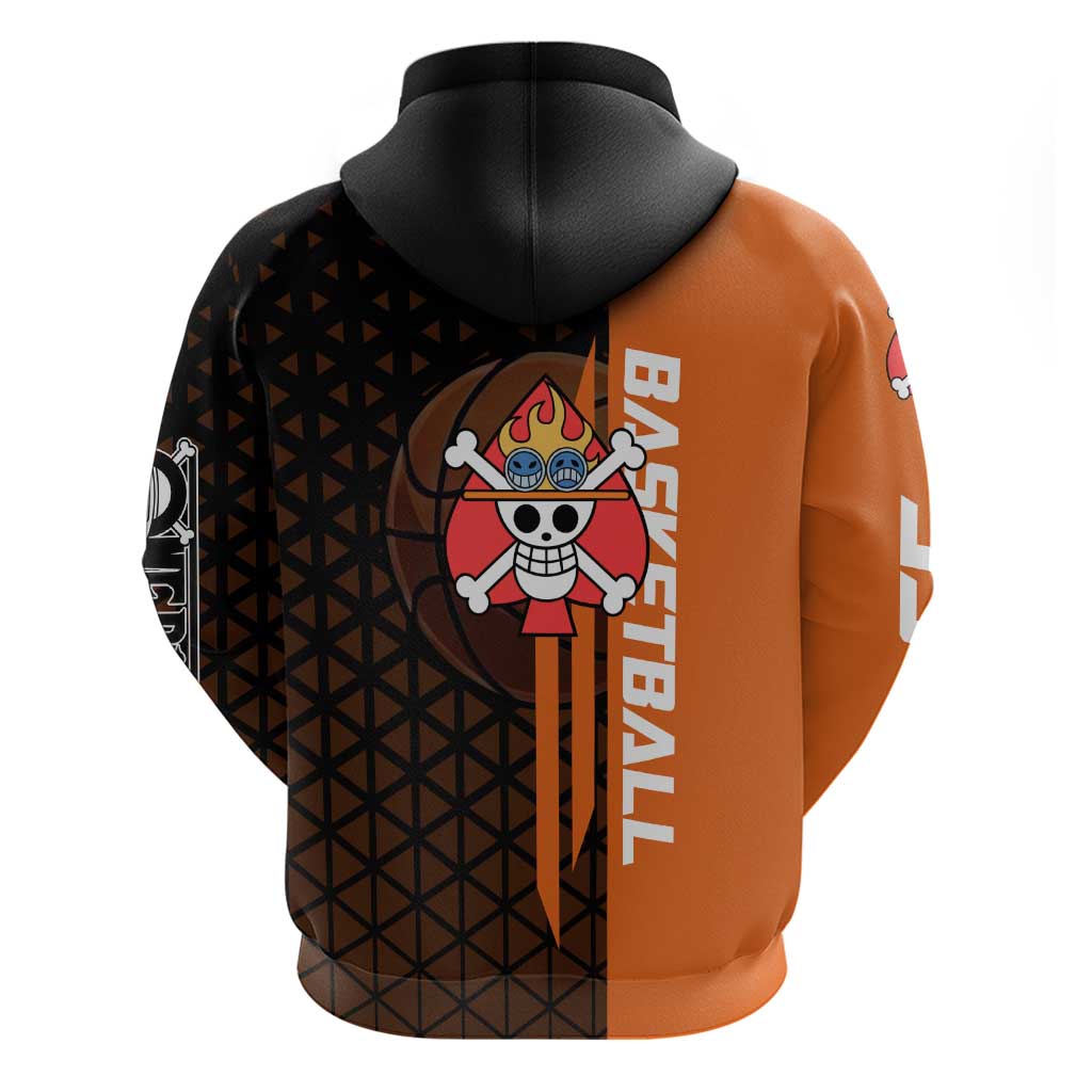 Portgas D Ace One Piece Basketball Theme Orange and Black Design Hoodie with Flame Ball and Whitebeard Pirates Emblem - The Mazicc