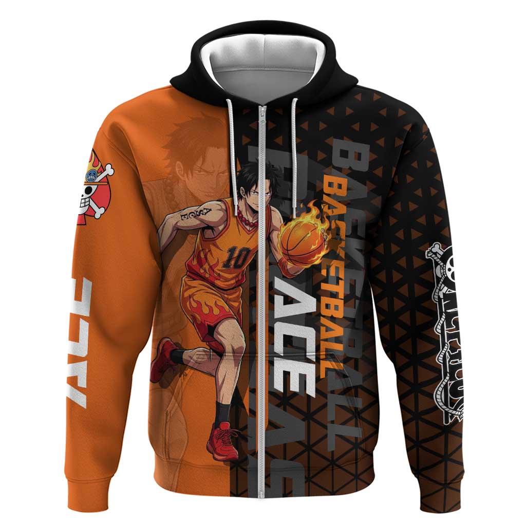Portgas D Ace One Piece Basketball Theme Orange and Black Design Hoodie with Flame Ball and Whitebeard Pirates Emblem - The Mazicc