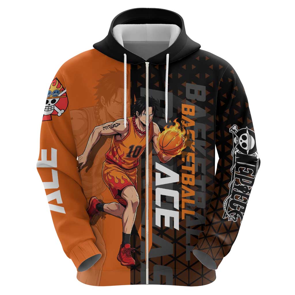 Portgas D Ace One Piece Basketball Theme Orange and Black Design Hoodie with Flame Ball and Whitebeard Pirates Emblem - The Mazicc