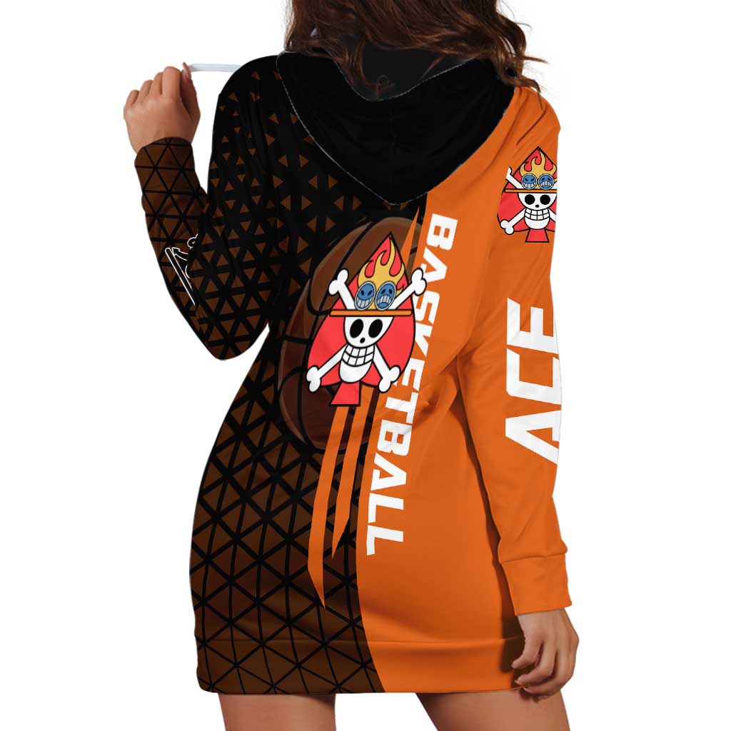 Portgas D Ace One Piece Basketball Theme Orange and Black Design Hoodie Dress with Flame Ball and Whitebeard Pirates Emblem - The Mazicc