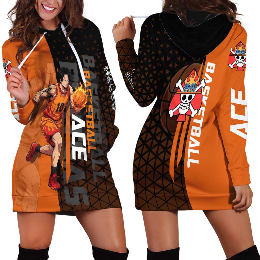 Portgas D Ace One Piece Basketball Theme Orange and Black Design Hoodie Dress with Flame Ball and Whitebeard Pirates Emblem - The Mazicc