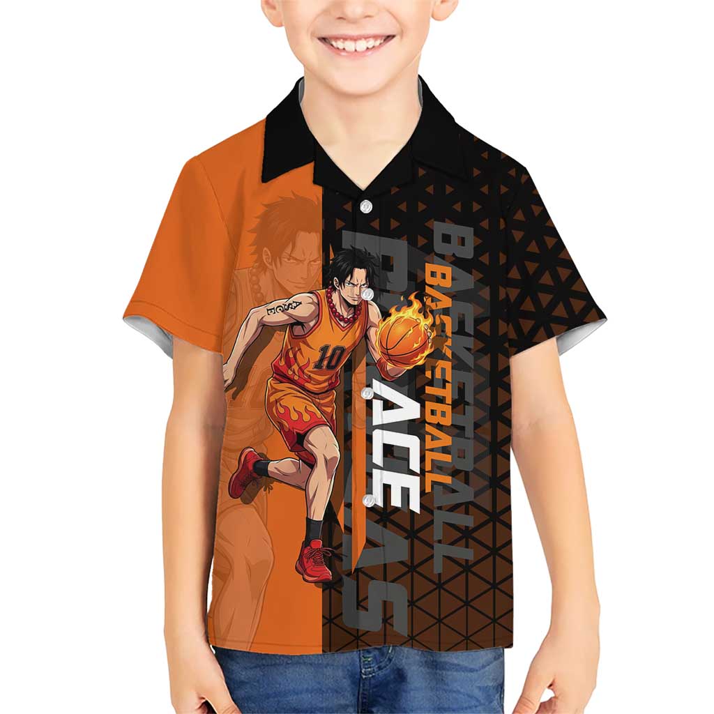Portgas D Ace One Piece Basketball Theme Orange and Black Design Kid Hawaiian Shirt with Flame Ball and Whitebeard Pirates Emblem - The Mazicc