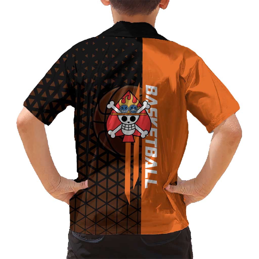 Portgas D Ace One Piece Basketball Theme Orange and Black Design Kid Hawaiian Shirt with Flame Ball and Whitebeard Pirates Emblem - The Mazicc