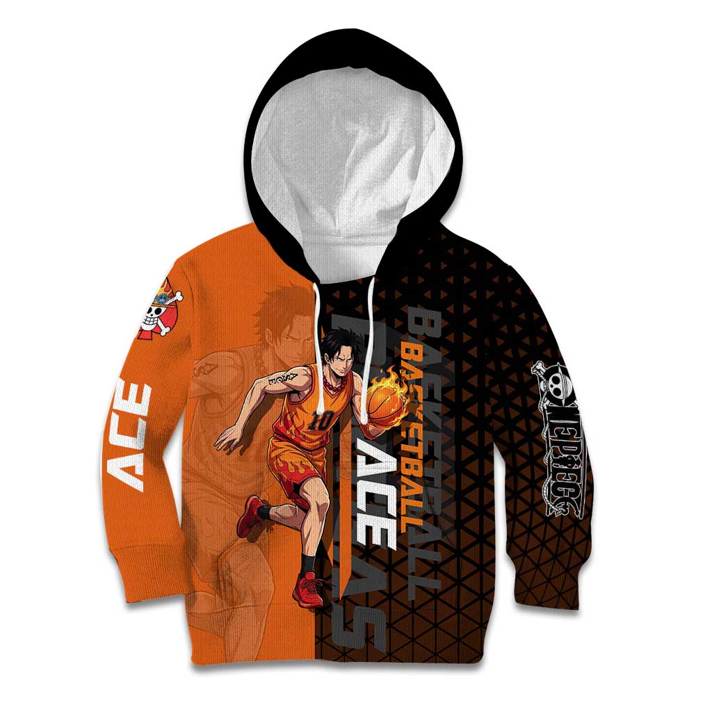 Portgas D Ace One Piece Basketball Theme Orange and Black Design Kid Hoodie with Flame Ball and Whitebeard Pirates Emblem - The Mazicc