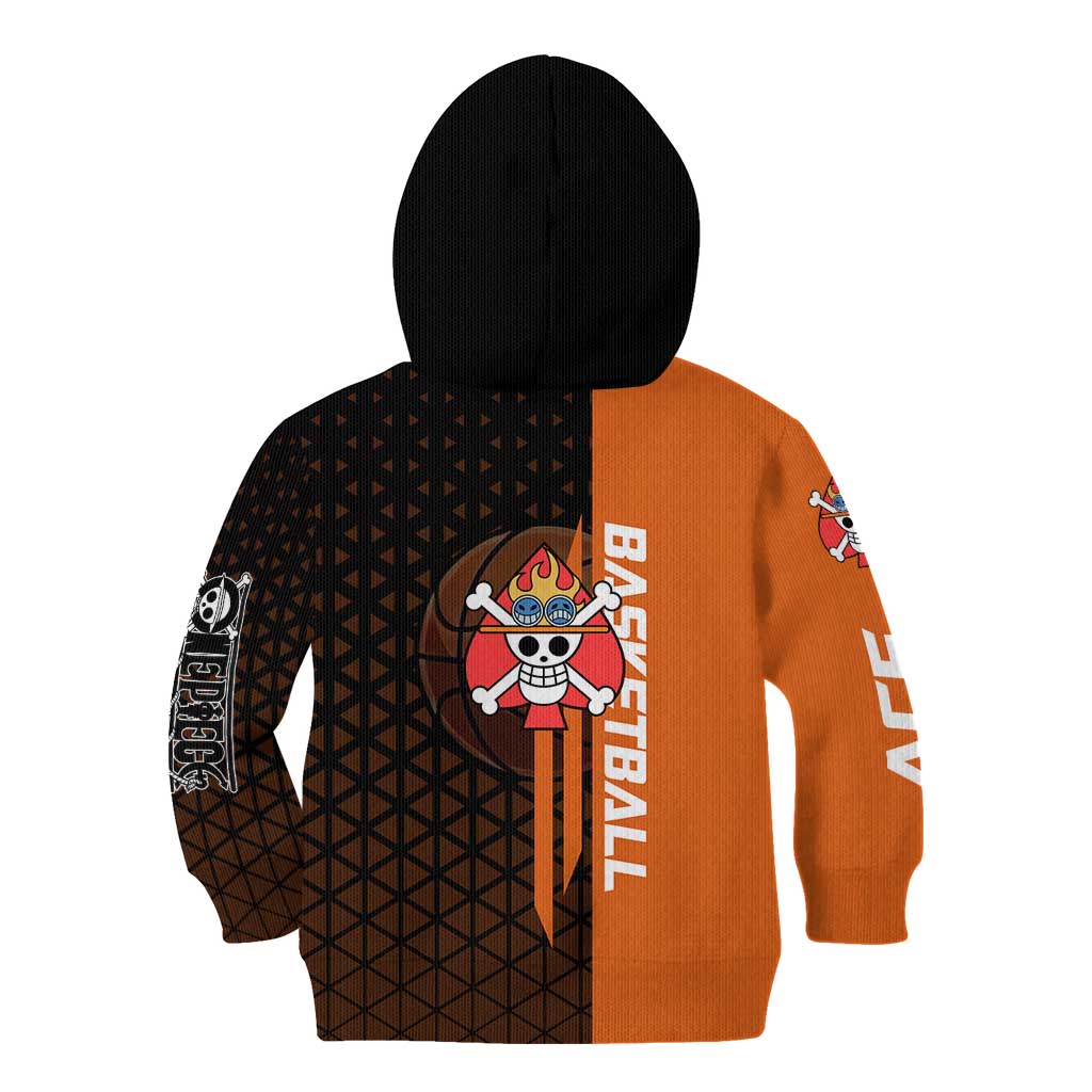 Portgas D Ace One Piece Basketball Theme Orange and Black Design Kid Hoodie with Flame Ball and Whitebeard Pirates Emblem - The Mazicc
