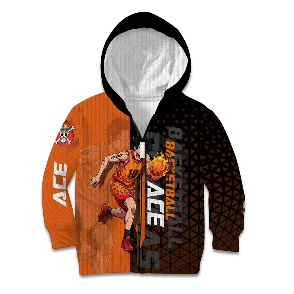 Portgas D Ace One Piece Basketball Theme Orange and Black Design Kid Hoodie with Flame Ball and Whitebeard Pirates Emblem - The Mazicc