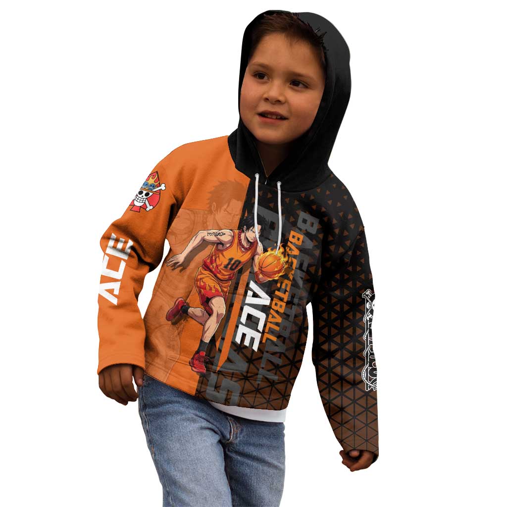 Portgas D Ace One Piece Basketball Theme Orange and Black Design Kid Hoodie with Flame Ball and Whitebeard Pirates Emblem - The Mazicc