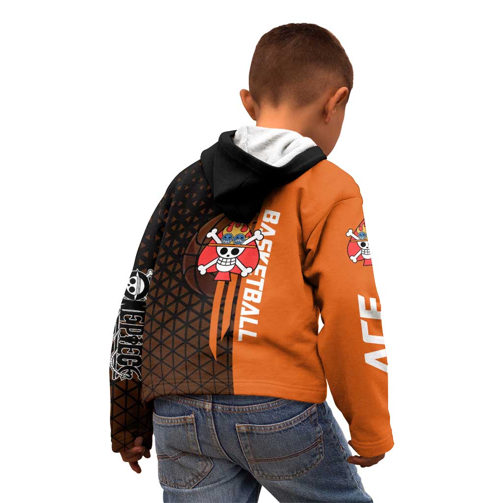 Portgas D Ace One Piece Basketball Theme Orange and Black Design Kid Hoodie with Flame Ball and Whitebeard Pirates Emblem - The Mazicc