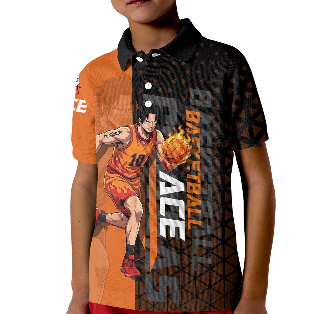 Portgas D Ace One Piece Basketball Theme Orange and Black Design Kid Polo Shirt with Flame Ball and Whitebeard Pirates Emblem - The Mazicc