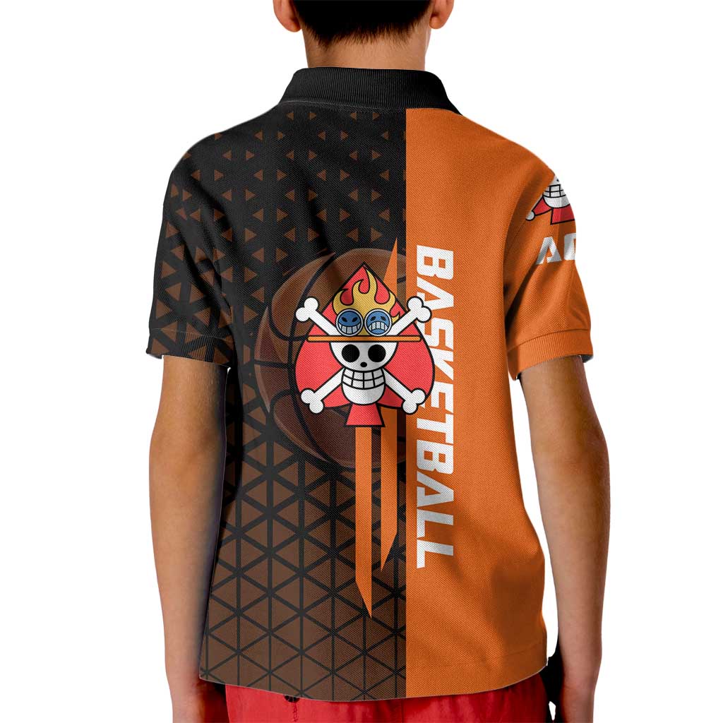 Portgas D Ace One Piece Basketball Theme Orange and Black Design Kid Polo Shirt with Flame Ball and Whitebeard Pirates Emblem - The Mazicc