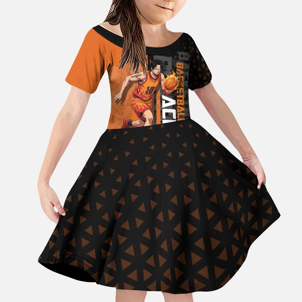 Portgas D Ace One Piece Basketball Theme Orange and Black Design Kid Short Sleeve Dress with Flame Ball and Whitebeard Pirates Emblem - The Mazicc
