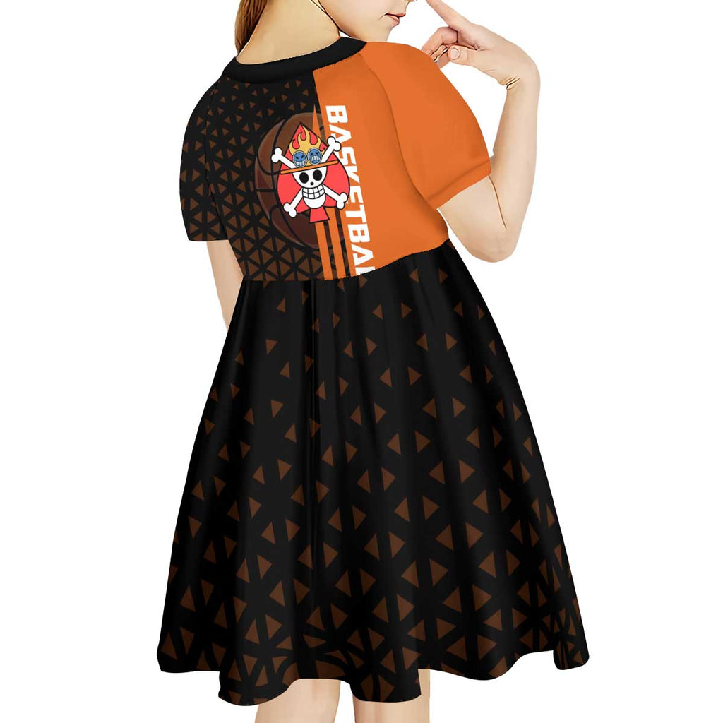 Portgas D Ace One Piece Basketball Theme Orange and Black Design Kid Short Sleeve Dress with Flame Ball and Whitebeard Pirates Emblem - The Mazicc