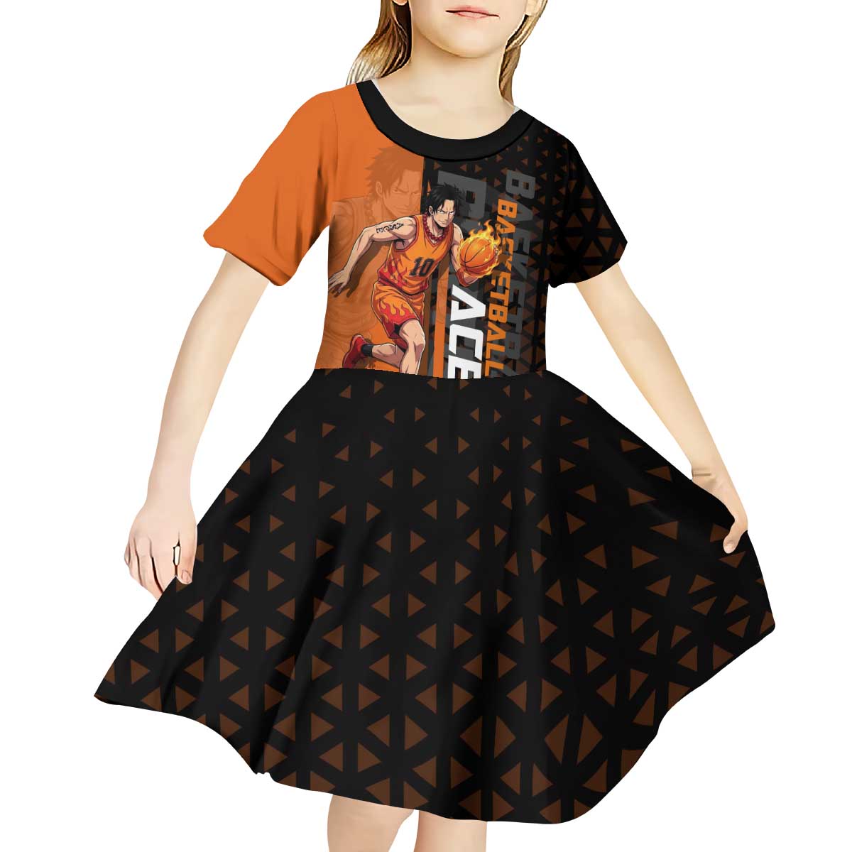 Portgas D Ace One Piece Basketball Theme Orange and Black Design Kid Short Sleeve Dress with Flame Ball and Whitebeard Pirates Emblem - The Mazicc