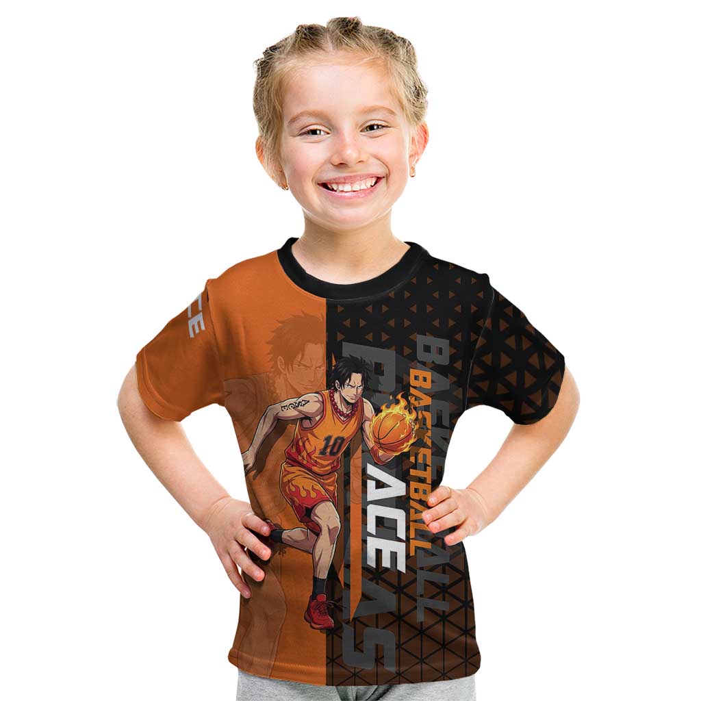 Portgas D Ace One Piece Basketball Theme Orange and Black Design Kid T Shirt with Flame Ball and Whitebeard Pirates Emblem - The Mazicc