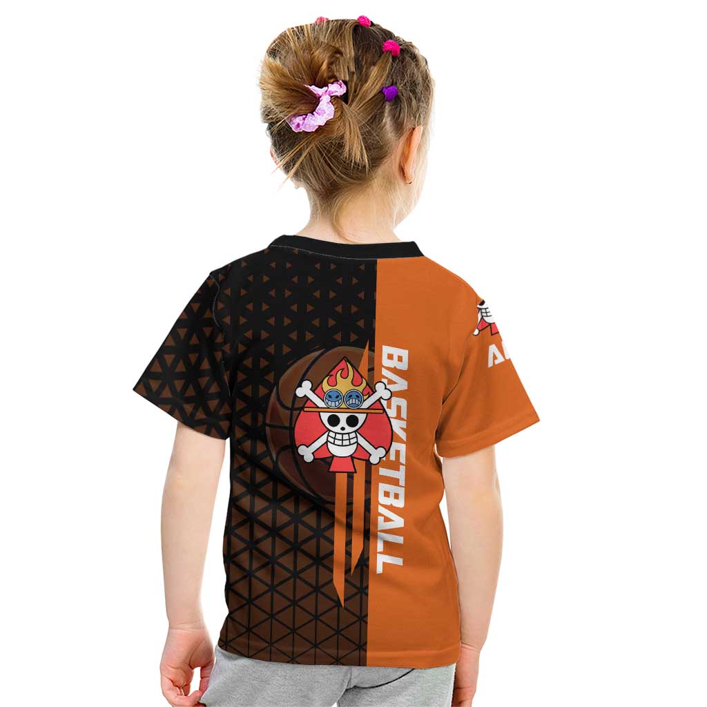 Portgas D Ace One Piece Basketball Theme Orange and Black Design Kid T Shirt with Flame Ball and Whitebeard Pirates Emblem - The Mazicc