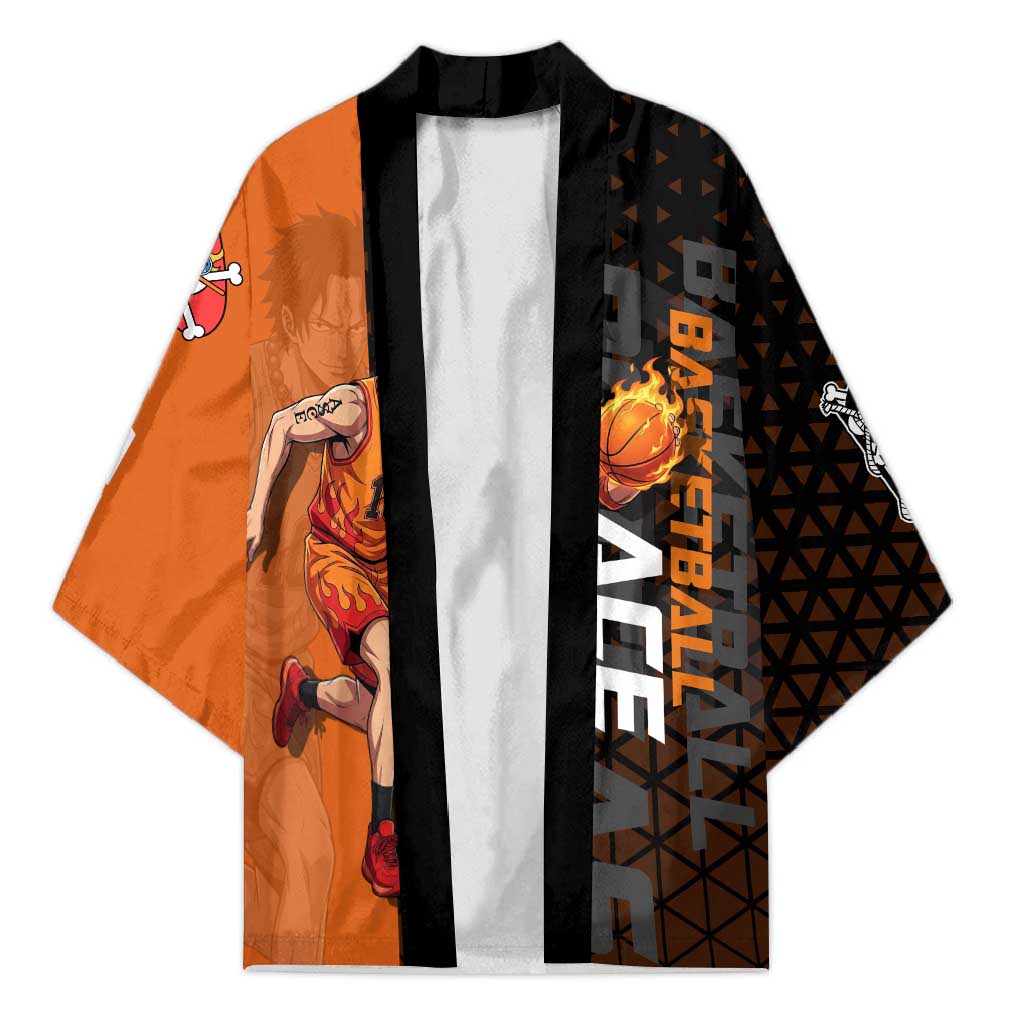Portgas D Ace One Piece Basketball Theme Orange and Black Design Kimono with Flame Ball and Whitebeard Pirates Emblem - The Mazicc