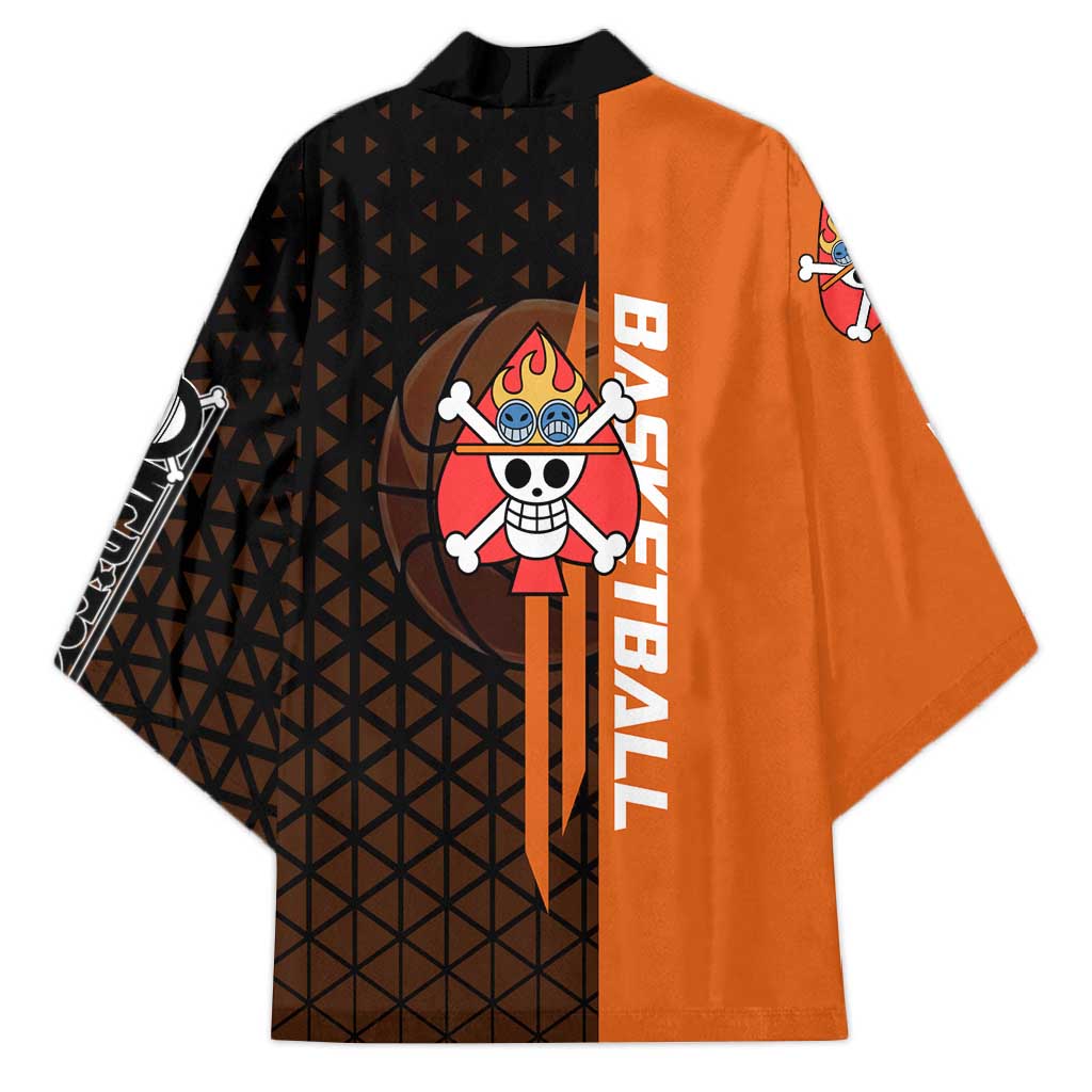 Portgas D Ace One Piece Basketball Theme Orange and Black Design Kimono with Flame Ball and Whitebeard Pirates Emblem - The Mazicc