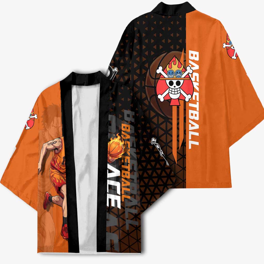 Portgas D Ace One Piece Basketball Theme Orange and Black Design Kimono with Flame Ball and Whitebeard Pirates Emblem - The Mazicc