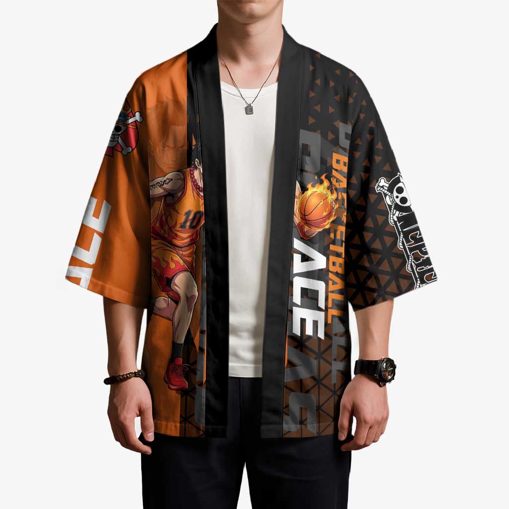 Portgas D Ace One Piece Basketball Theme Orange and Black Design Kimono with Flame Ball and Whitebeard Pirates Emblem - The Mazicc