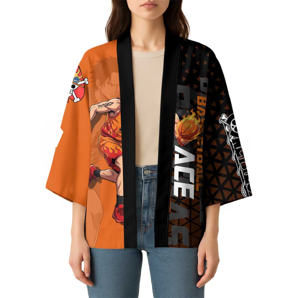 Portgas D Ace One Piece Basketball Theme Orange and Black Design Kimono with Flame Ball and Whitebeard Pirates Emblem - The Mazicc