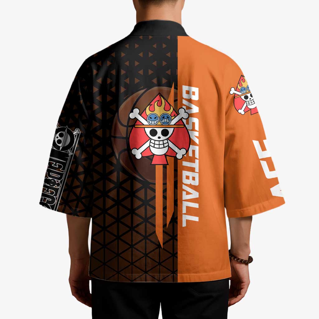 Portgas D Ace One Piece Basketball Theme Orange and Black Design Kimono with Flame Ball and Whitebeard Pirates Emblem - The Mazicc