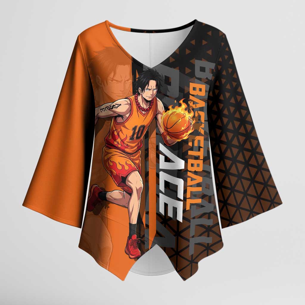 Portgas D Ace One Piece Basketball Theme Orange and Black Design Kimono Sleeve Blouse with Flame Ball and Whitebeard Pirates Emblem - The Mazicc