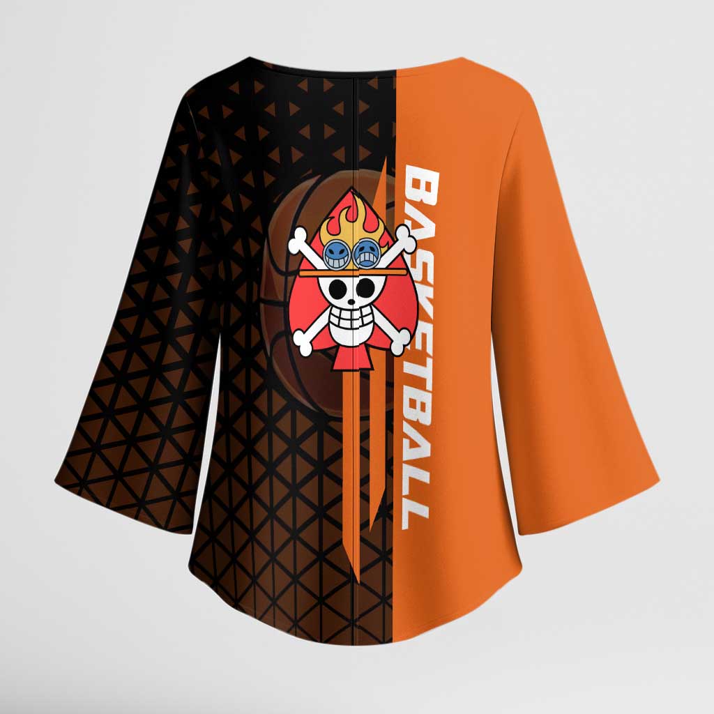 Portgas D Ace One Piece Basketball Theme Orange and Black Design Kimono Sleeve Blouse with Flame Ball and Whitebeard Pirates Emblem - The Mazicc