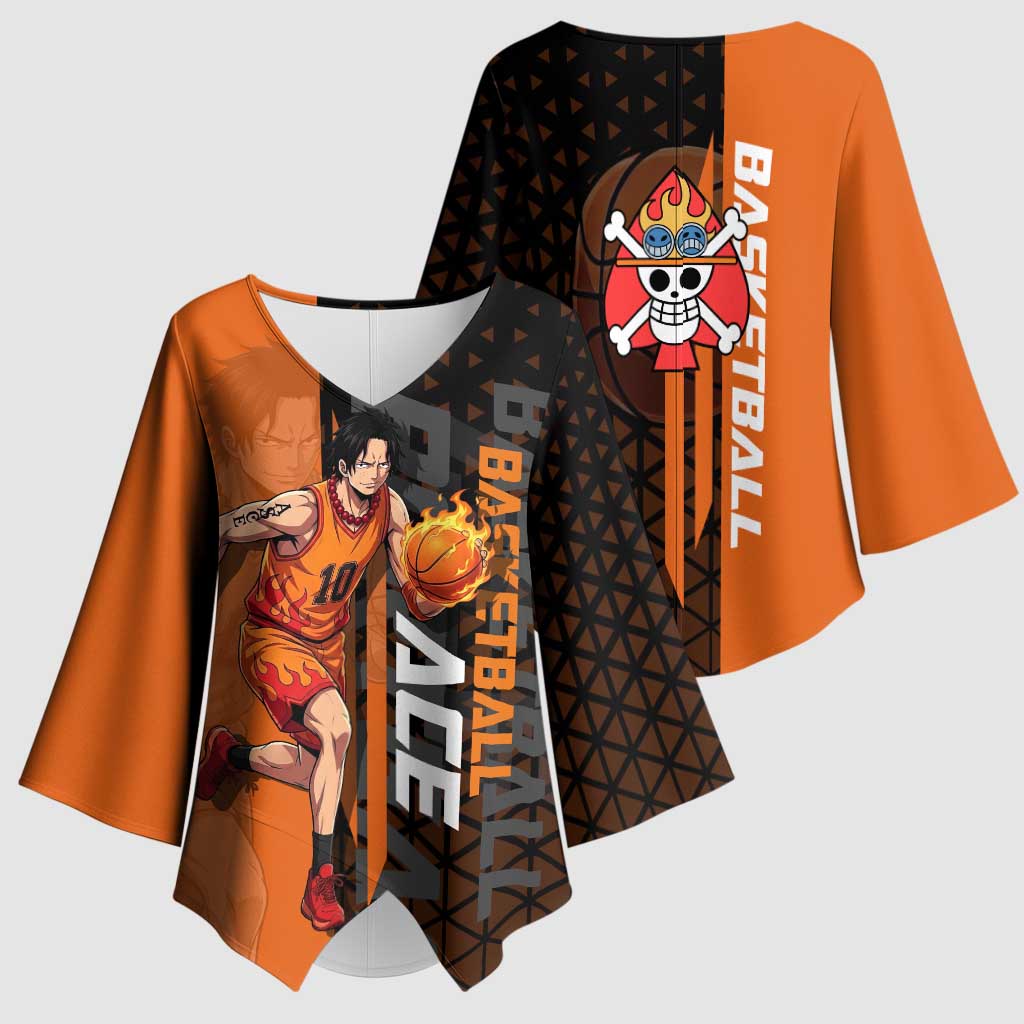 Portgas D Ace One Piece Basketball Theme Orange and Black Design Kimono Sleeve Blouse with Flame Ball and Whitebeard Pirates Emblem - The Mazicc
