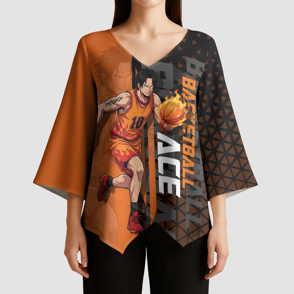 Portgas D Ace One Piece Basketball Theme Orange and Black Design Kimono Sleeve Blouse with Flame Ball and Whitebeard Pirates Emblem - The Mazicc