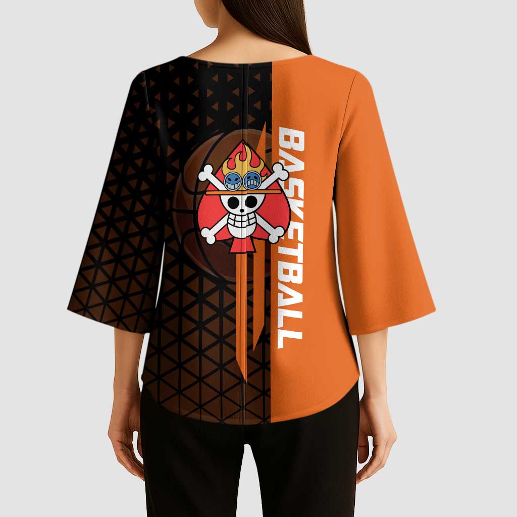 Portgas D Ace One Piece Basketball Theme Orange and Black Design Kimono Sleeve Blouse with Flame Ball and Whitebeard Pirates Emblem - The Mazicc