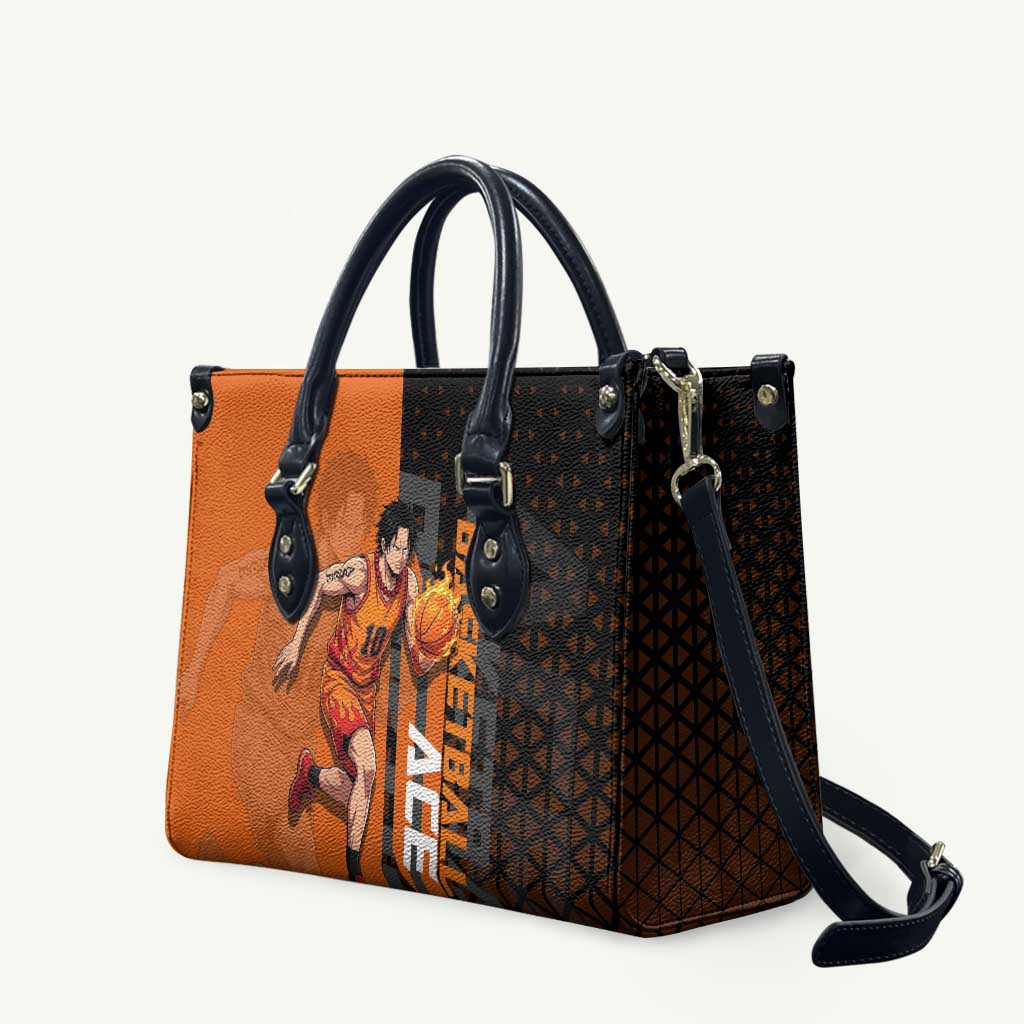 Portgas D Ace One Piece Basketball Theme Orange and Black Design Leather Bag with Flame Ball and Whitebeard Pirates Emblem - The Mazicc