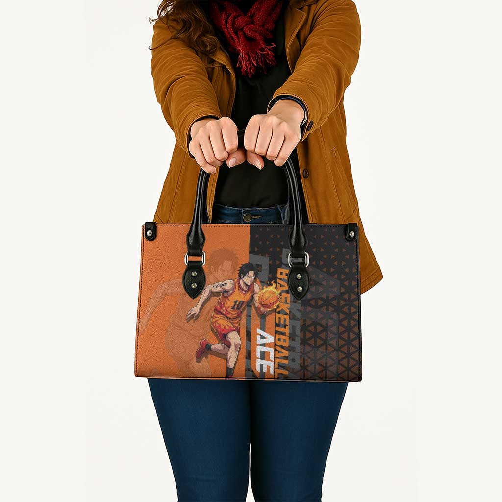 Portgas D Ace One Piece Basketball Theme Orange and Black Design Leather Bag with Flame Ball and Whitebeard Pirates Emblem - The Mazicc