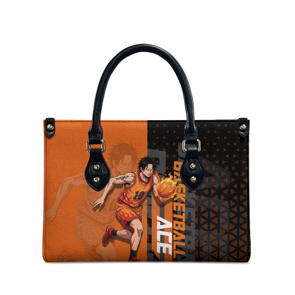 Portgas D Ace One Piece Basketball Theme Orange and Black Design Leather Bag with Flame Ball and Whitebeard Pirates Emblem - The Mazicc