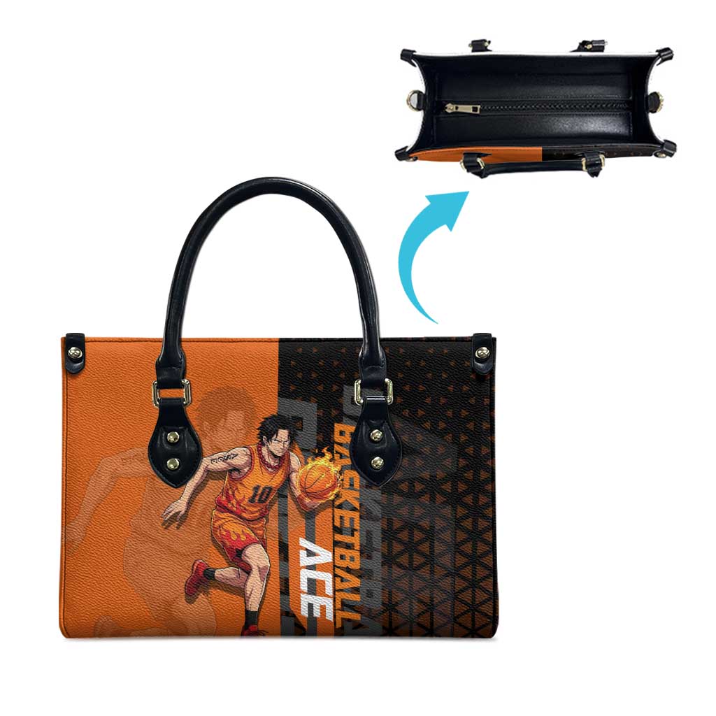 Portgas D Ace One Piece Basketball Theme Orange and Black Design Leather Bag with Flame Ball and Whitebeard Pirates Emblem - The Mazicc