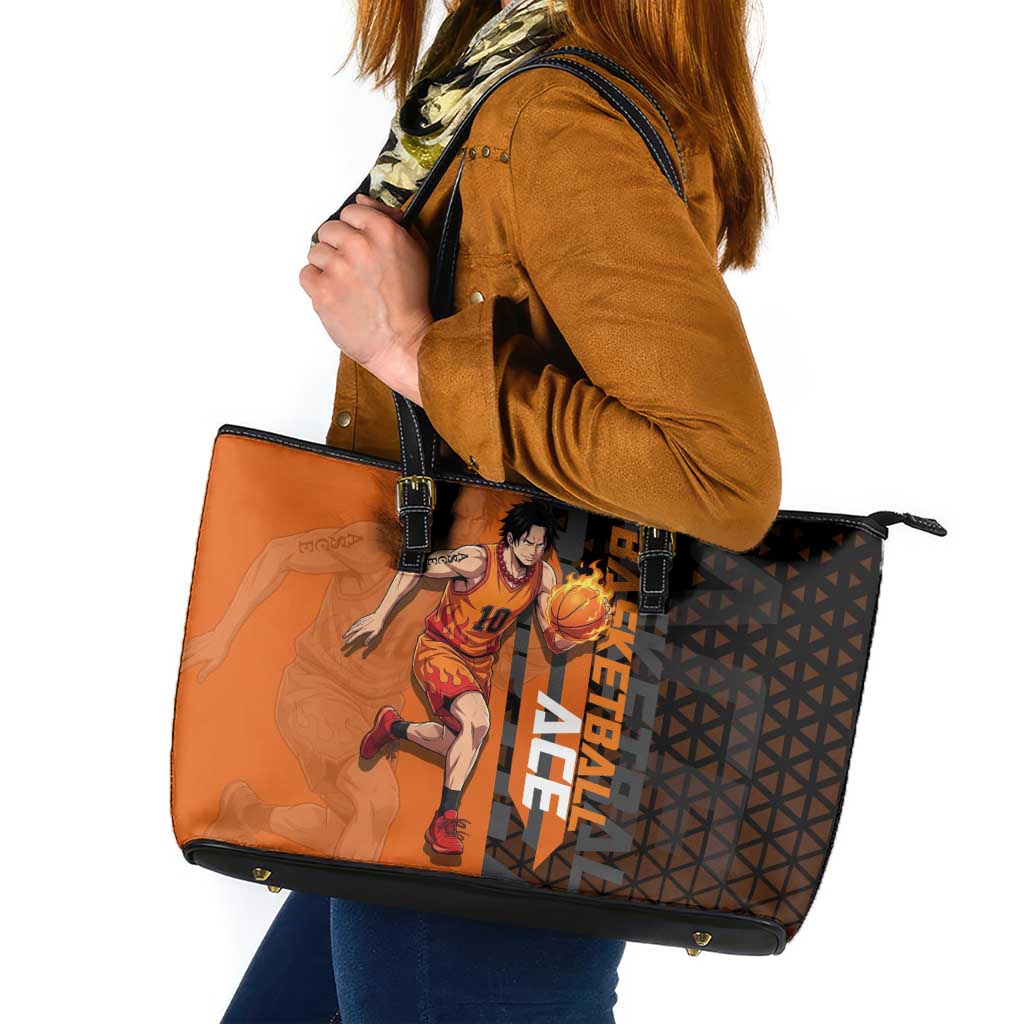 Portgas D Ace One Piece Basketball Theme Orange and Black Design Leather Tote Bag with Flame Ball and Whitebeard Pirates Emblem - The Mazicc