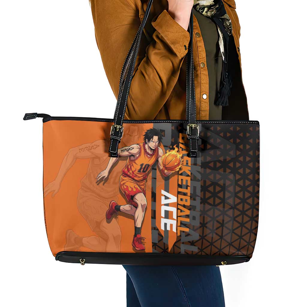 Portgas D Ace One Piece Basketball Theme Orange and Black Design Leather Tote Bag with Flame Ball and Whitebeard Pirates Emblem - The Mazicc
