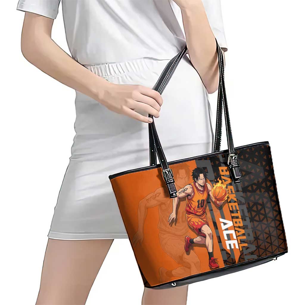 Portgas D Ace One Piece Basketball Theme Orange and Black Design Leather Tote Bag with Flame Ball and Whitebeard Pirates Emblem - The Mazicc