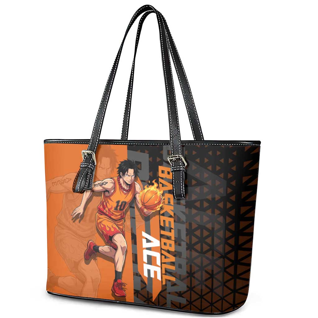 Portgas D Ace One Piece Basketball Theme Orange and Black Design Leather Tote Bag with Flame Ball and Whitebeard Pirates Emblem - The Mazicc