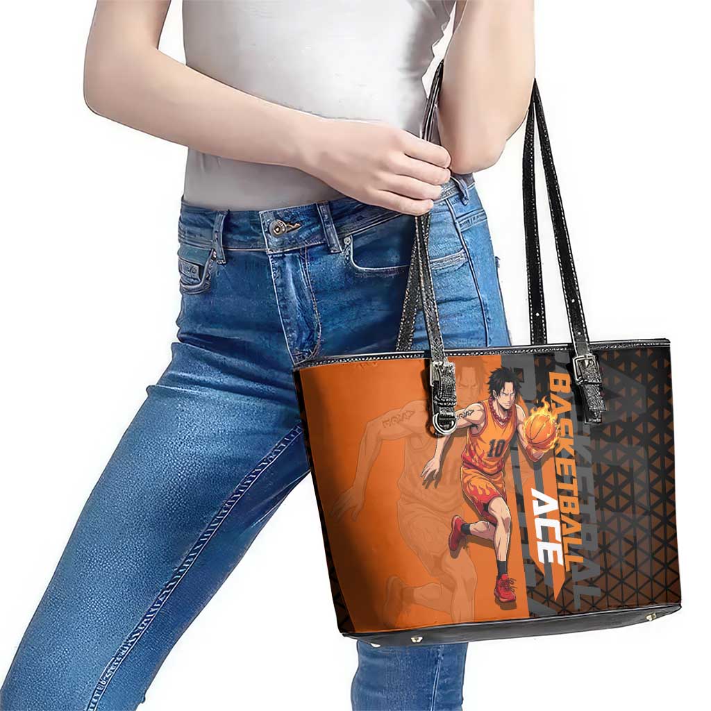 Portgas D Ace One Piece Basketball Theme Orange and Black Design Leather Tote Bag with Flame Ball and Whitebeard Pirates Emblem - The Mazicc