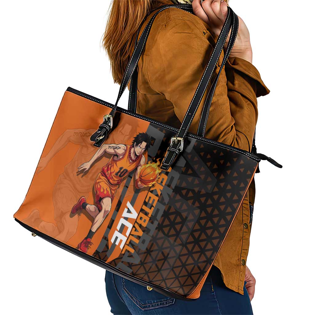Portgas D Ace One Piece Basketball Theme Orange and Black Design Leather Tote Bag with Flame Ball and Whitebeard Pirates Emblem - The Mazicc