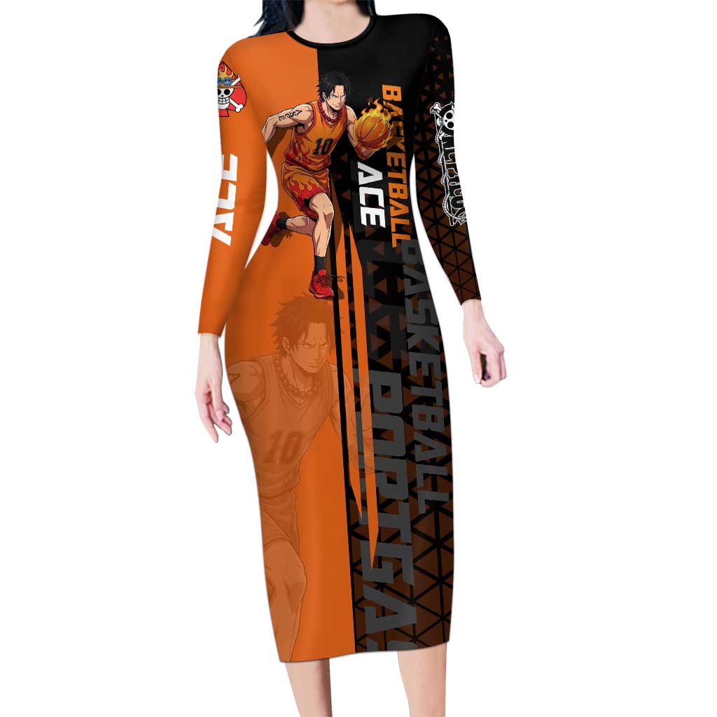 Portgas D Ace One Piece Basketball Theme Orange and Black Design Long Sleeve Bodycon Dress with Flame Ball and Whitebeard Pirates Emblem - The Mazicc