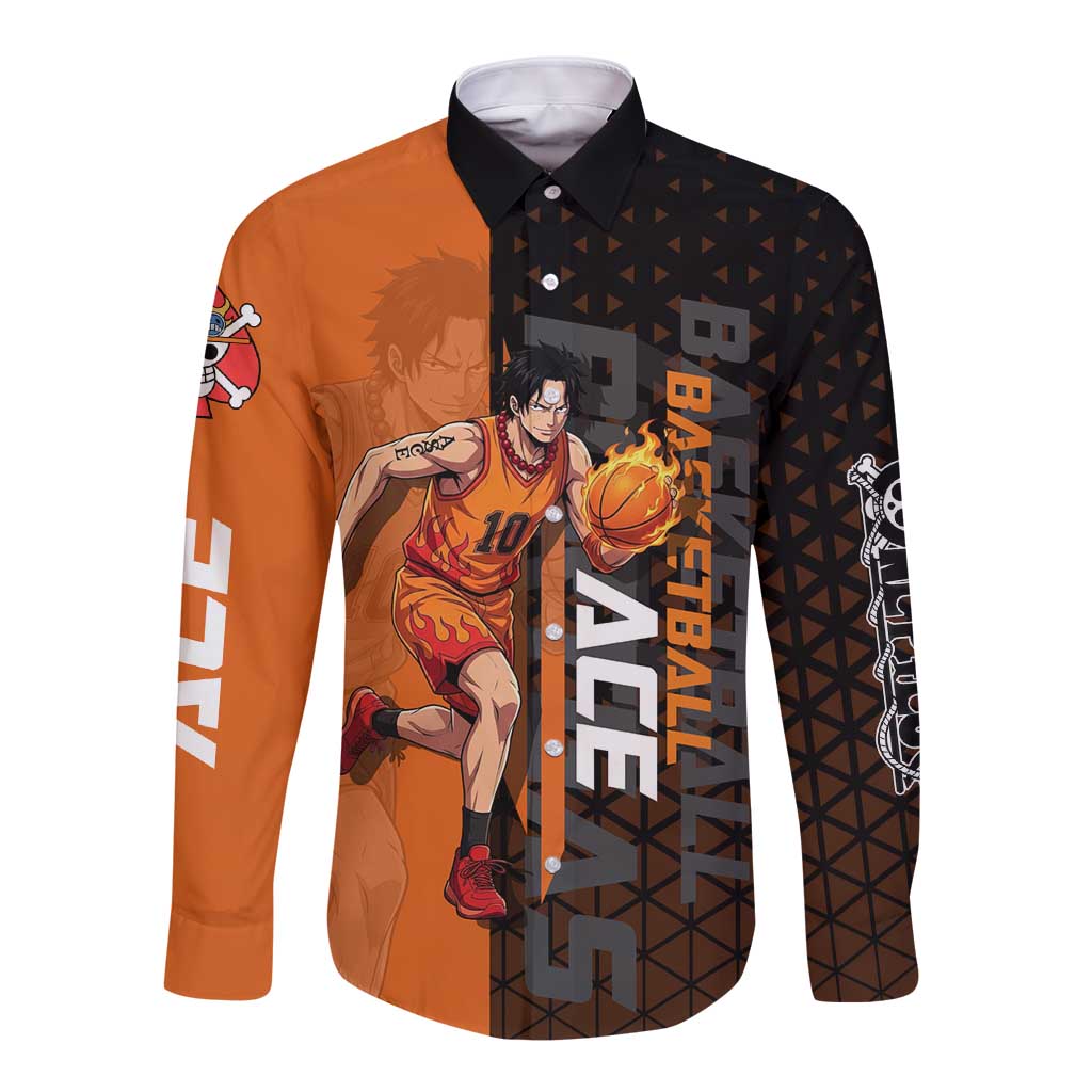 Portgas D Ace One Piece Basketball Theme Orange and Black Design Long Sleeve Button Shirt with Flame Ball and Whitebeard Pirates Emblem - The Mazicc