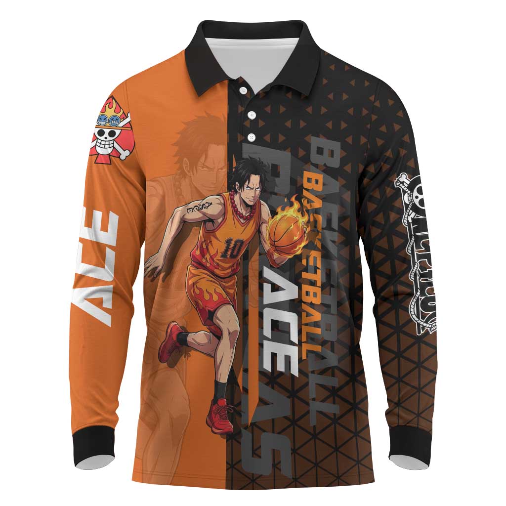 Portgas D Ace One Piece Basketball Theme Orange and Black Design Long Sleeve Polo Shirt with Flame Ball and Whitebeard Pirates Emblem - The Mazicc