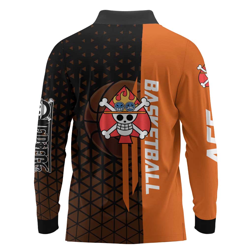 Portgas D Ace One Piece Basketball Theme Orange and Black Design Long Sleeve Polo Shirt with Flame Ball and Whitebeard Pirates Emblem - The Mazicc