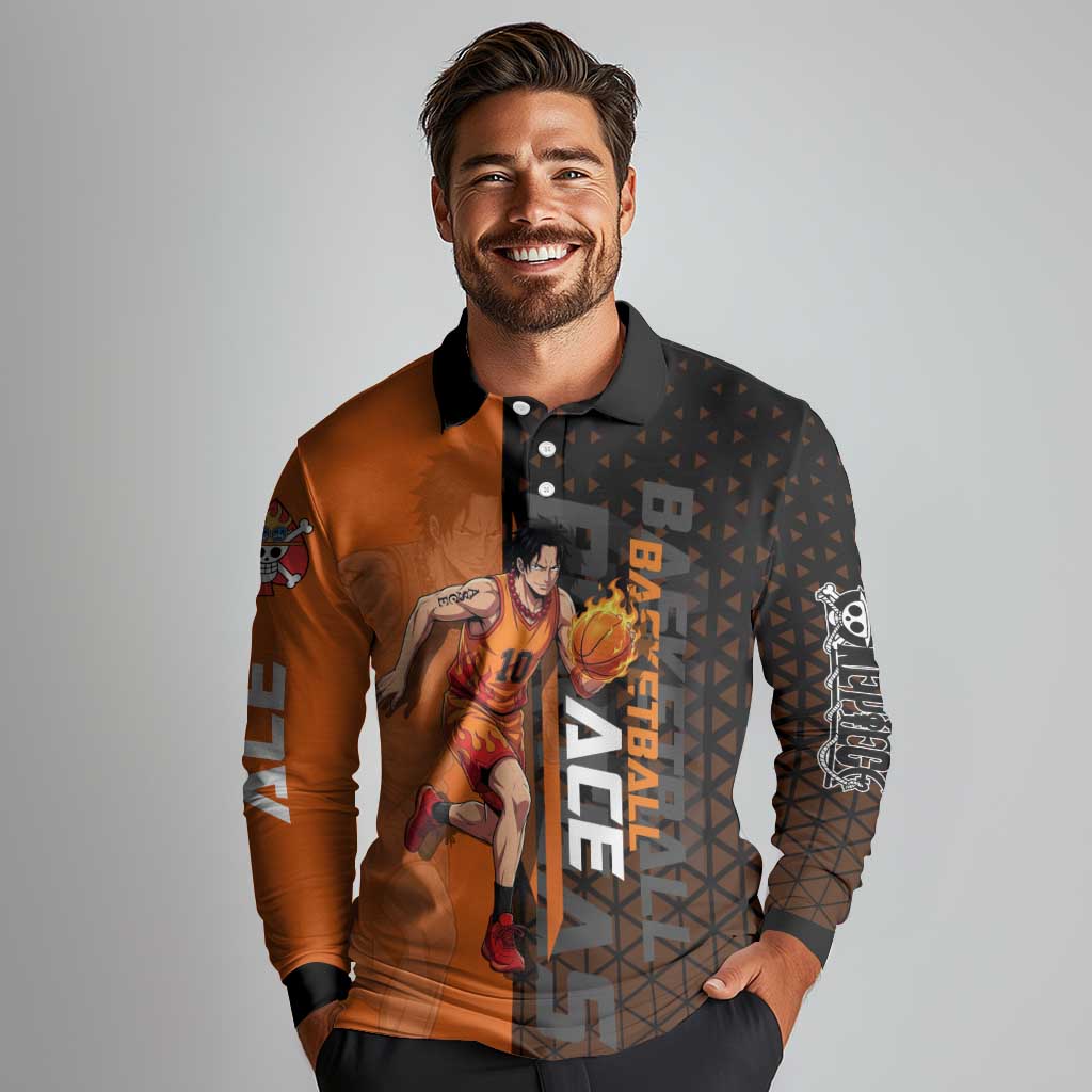 Portgas D Ace One Piece Basketball Theme Orange and Black Design Long Sleeve Polo Shirt with Flame Ball and Whitebeard Pirates Emblem - The Mazicc