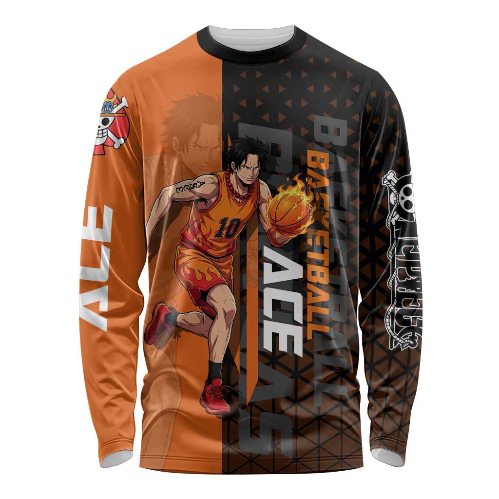 Portgas D Ace One Piece Basketball Theme Orange and Black Design Long Sleeve Shirt with Flame Ball and Whitebeard Pirates Emblem - The Mazicc
