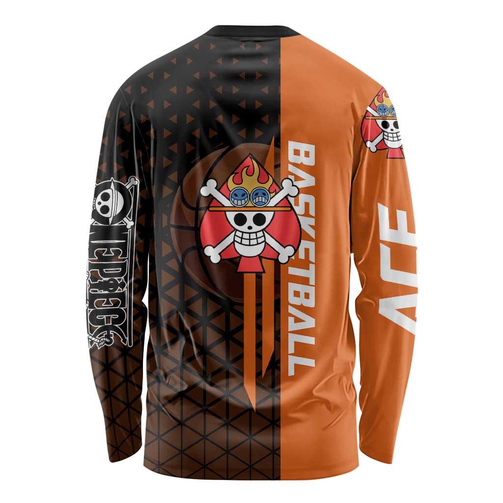Portgas D Ace One Piece Basketball Theme Orange and Black Design Long Sleeve Shirt with Flame Ball and Whitebeard Pirates Emblem - The Mazicc
