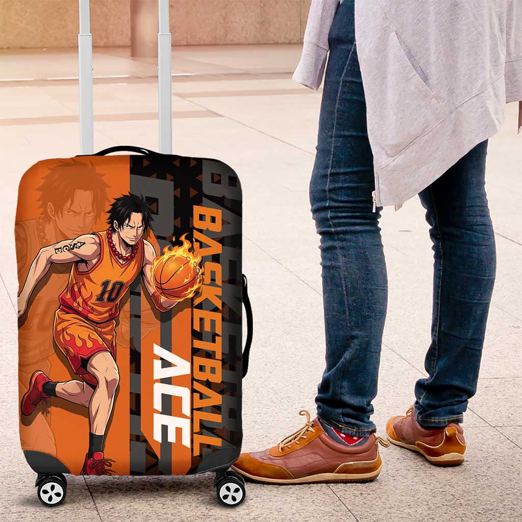 Portgas D Ace One Piece Basketball Theme Orange and Black Design Luggage Cover with Flame Ball and Whitebeard Pirates Emblem - The Mazicc