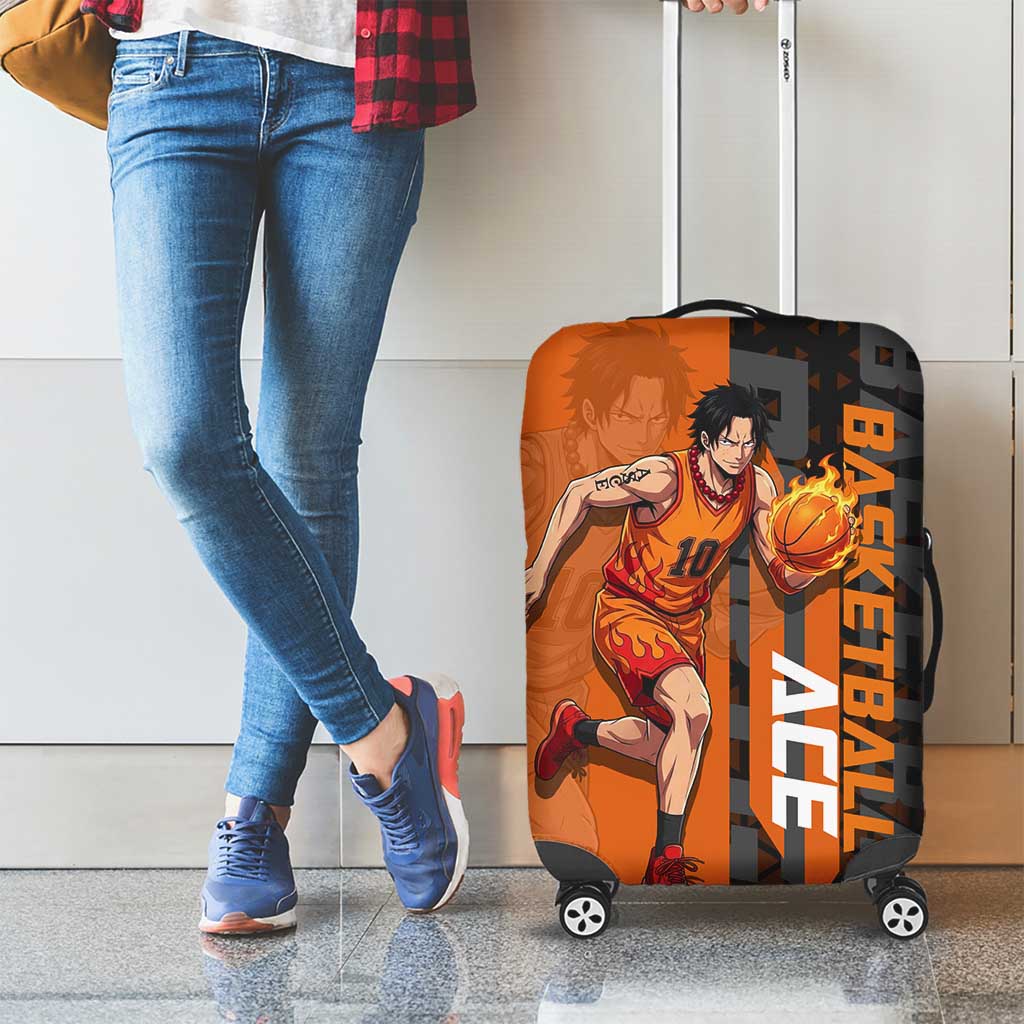 Portgas D Ace One Piece Basketball Theme Orange and Black Design Luggage Cover with Flame Ball and Whitebeard Pirates Emblem - The Mazicc