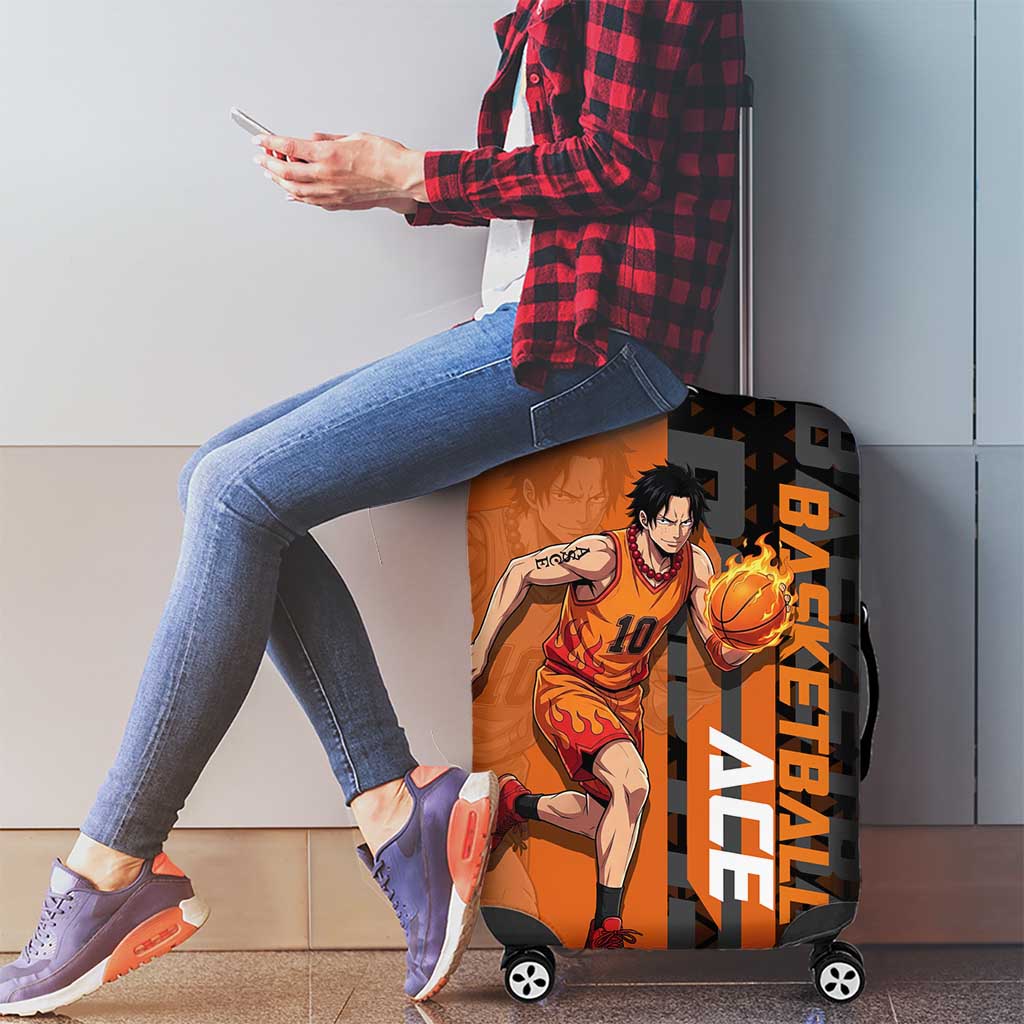 Portgas D Ace One Piece Basketball Theme Orange and Black Design Luggage Cover with Flame Ball and Whitebeard Pirates Emblem - The Mazicc